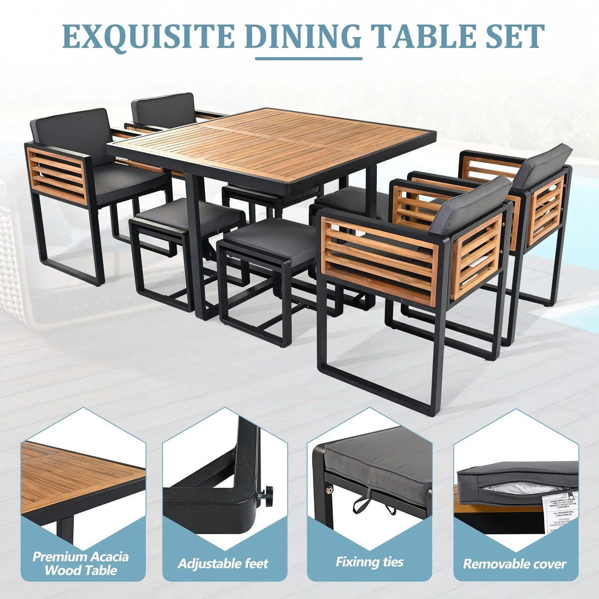 Ensemble repas de patio de 18 pièces en bois d’acacia, 8 chaises rembourrées, 8 poufs et 2 tables carrées