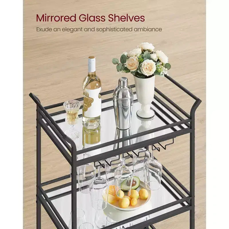 Carrello bar, carrello di servizio per bar domestico, piccolo carrello bar con 3 ripiani, portabottiglie e portabicchieri, carrello bar, 15 x 23.6 x 36.2 pollici