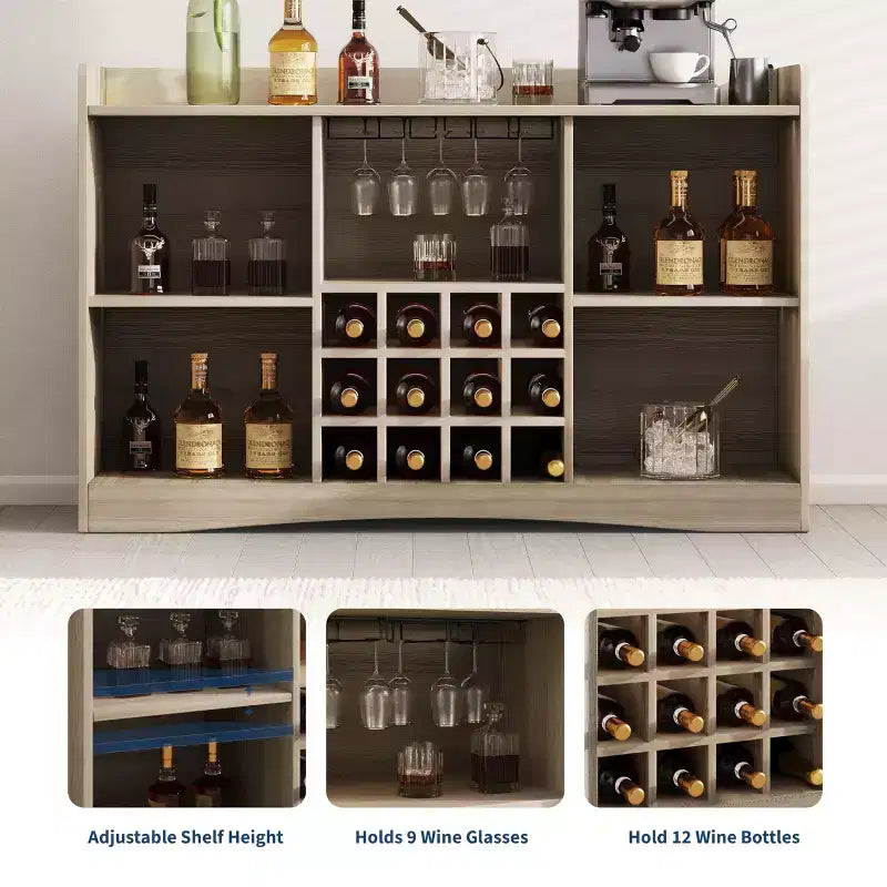 Moderne Weinbar-Kommode, 47, mit 9 Glashaltern, 12 Weinregalen, geriffeltem Design und 2 Türen, Sideboard mit Stauraum für Ess- und Wohnzimmer