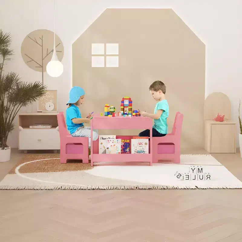Activiteitentafelset 4-in-1 met afneembaar tafelblad, tafelset met laden en boekenkast, multifunctioneel peutermeubilair om te tekenen en lezen