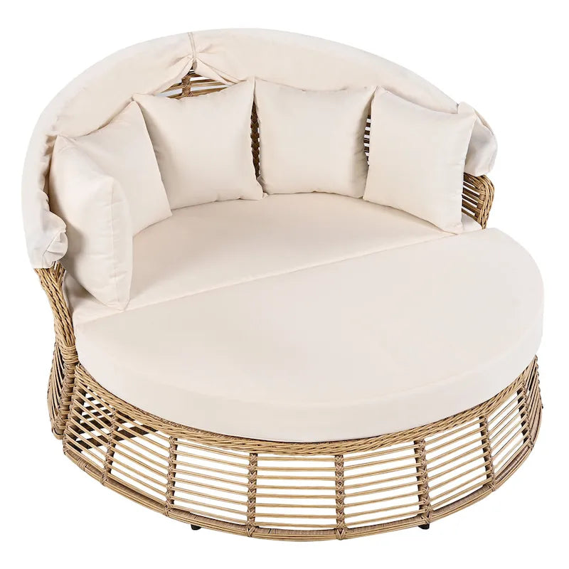 Daybed rotondo da esterno in rattan con tettoia e cuscini rimovibili