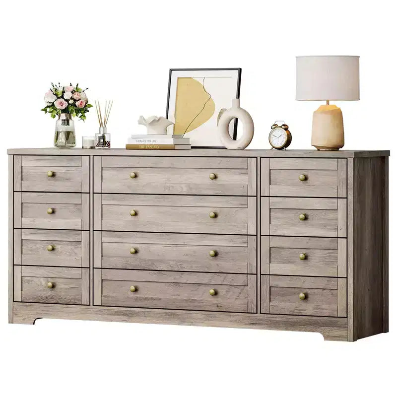 Commode en bois à 12 tiroirs pour chambre, meuble TV moderne et large pour téléviseur de 65 pouces, commode en bois, rangement champêtre pour vêtements dans le salon