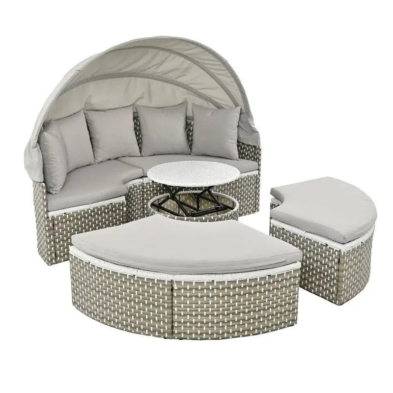 Rundes Outdoor-Tagesbett, Sonnenliege mit zweifarbigem Geflecht und ausziehbarem Sonnendach