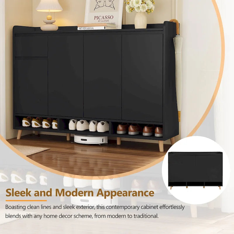 Sleek and Contemporary Shoe Cabinet with Adjustable Shelves, Minimalist Home Organizer with Solid Wood Legs