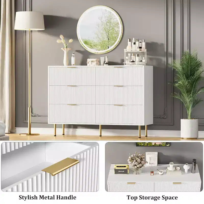 COZONY ladekast met 6 laden en geribbeld ontwerp, moderne houten opbergkast, brede ladekast voor slaapkamer, woonkamer en hal