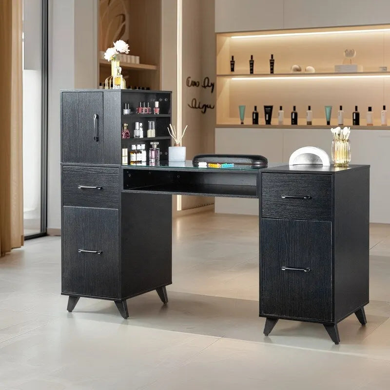 Scrivania per computer da 55 pollici con ripiani, cassetti e mobiletto