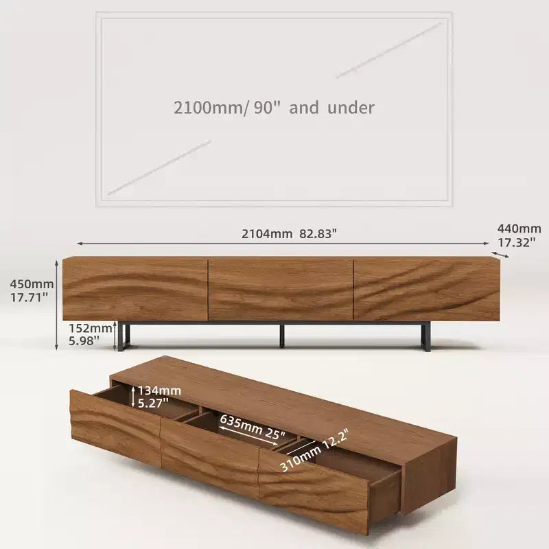 Meuble TV moderne de 82.83 pouces avec tiroirs en bois massif et aérations, meuble multimédia pour le salon