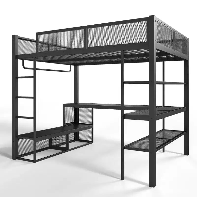 Bellemave metalen hoogslaper in queensize met bureau, opbergplanken en kledingroede, ruimtebesparend hoogslaperframe met veiligheidsrelingen en ladder, geen bedbodem nodig, zwart