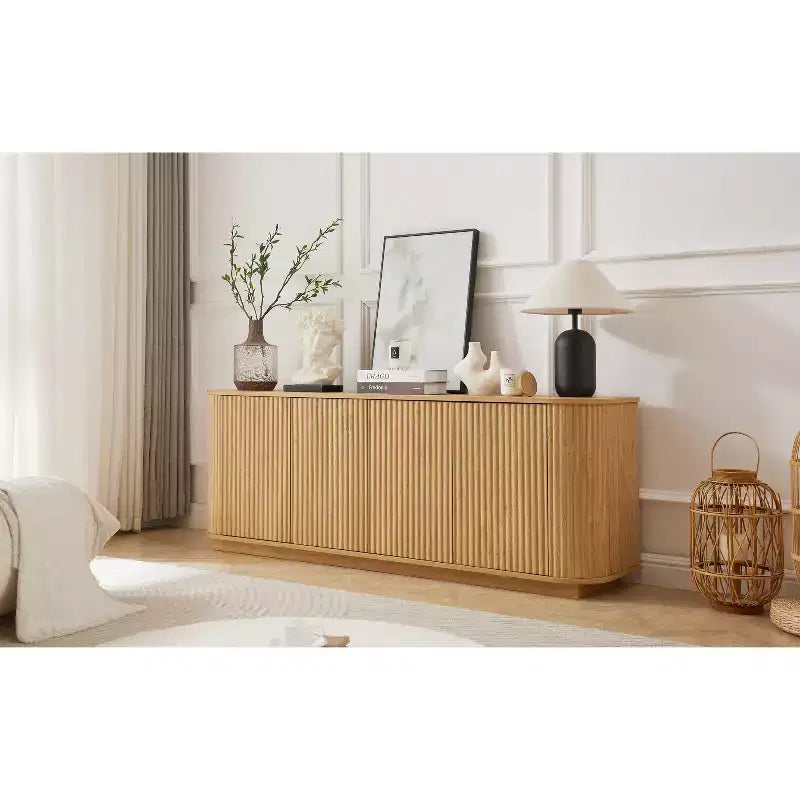 Buffet JVNOXK à grain de bois ondulé, rayures verticales, meuble TV, adapté à une chambre ou une entrée. Bois naturel, 64W  15D  24H