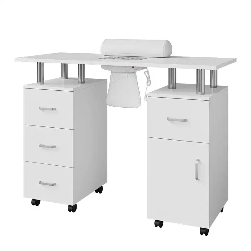 Table de manucure avec aspirateur à poussière, roulettes verrouillables, coussin pour poignet et rangements, pour la maison, les prothésistes ongulaires et les salons de beauté