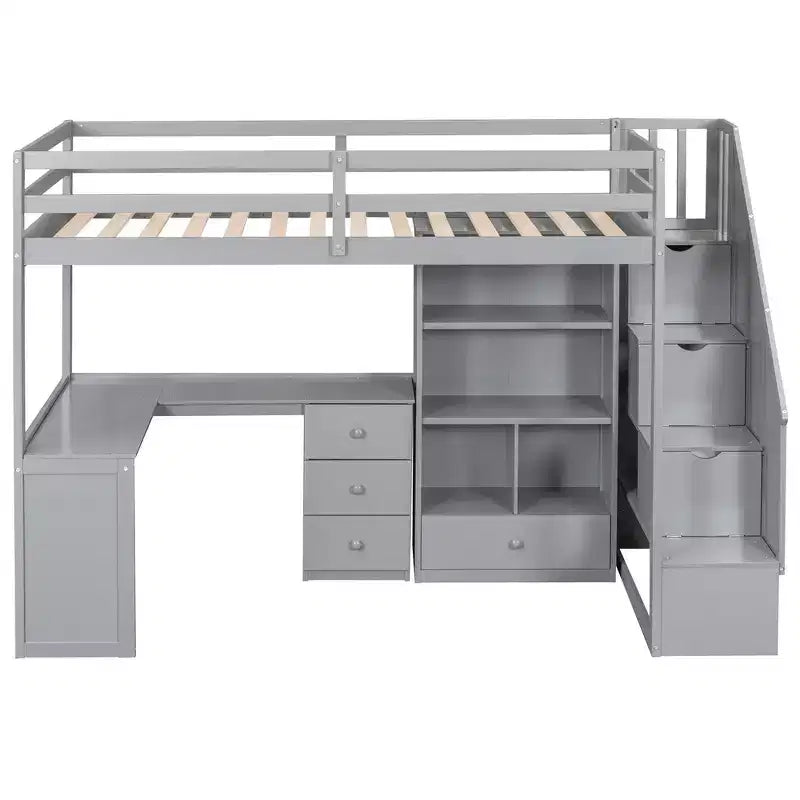 Lit mezzanine simple avec bureau en L, 3 tiroirs, armoire, rangement sous l’escalier, structure en pin massif/MDF