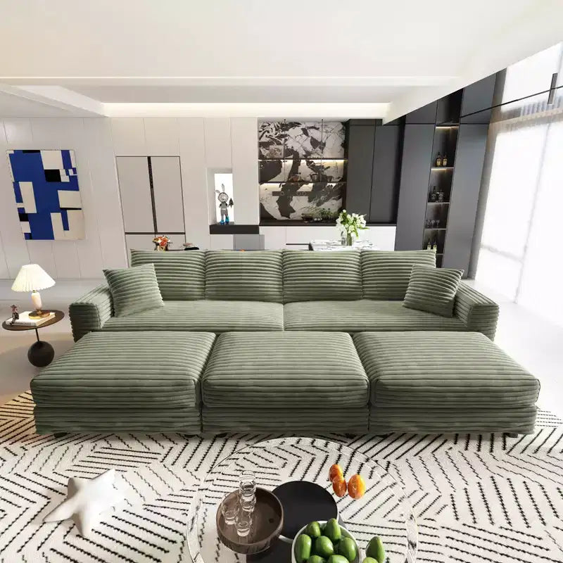 Canapé convertible 4 places en velours côtelé moelleux de 102.4 avec poufs - Vert