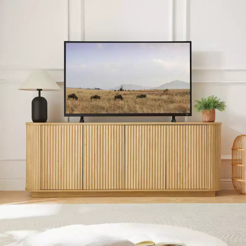 Buffet JVNOXK à grain de bois ondulé, rayures verticales, meuble TV, adapté à une chambre ou une entrée. Bois naturel, 64W  15D  24H