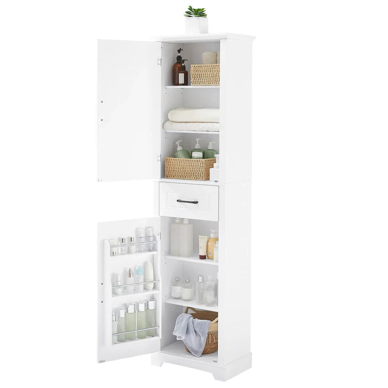 Armoire de salle de bains autoportante à 2 portes, étagères réglables et rangement dans les portes, rangement haut pour salle de bains
