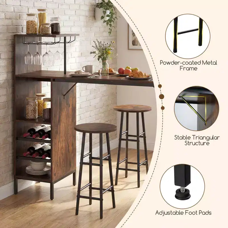 Costway barta felset van 3 stuks, industriële bartafel en krukken met wijnflessenrek, bruin/eik