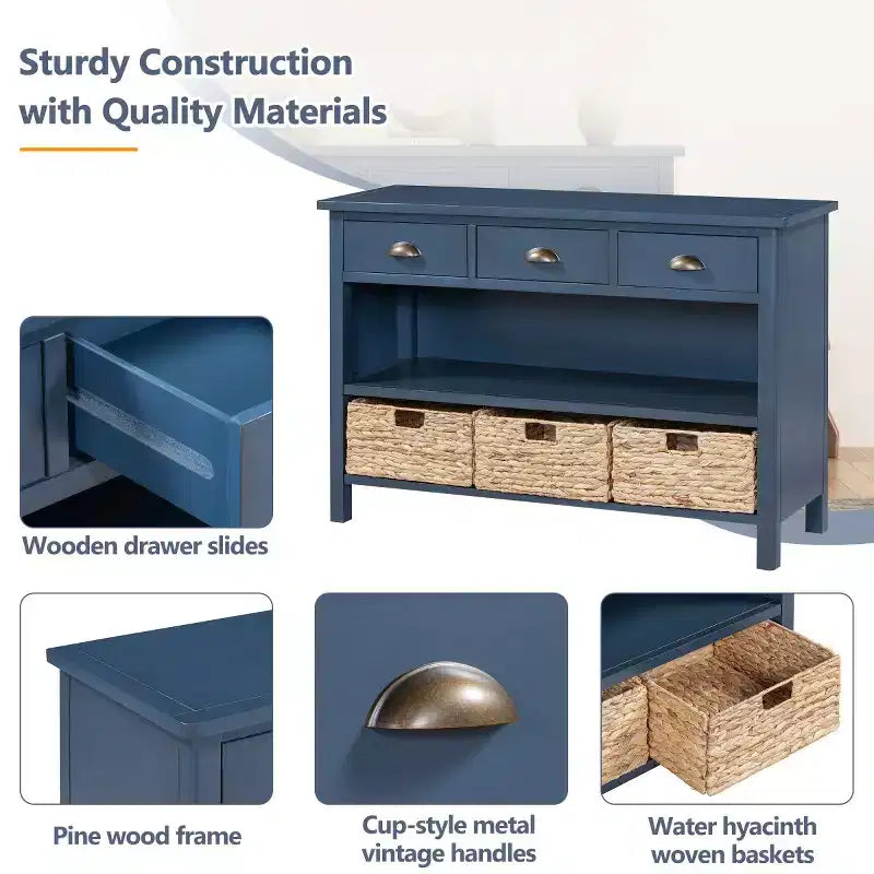 Tavolo consolle da ingresso con contenitore, tavolo da corridoio stile rustico con 3 cassetti e 3 cesti in giacinto d’acqua per soggiorno o ingresso - Panipeachy