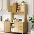 Dispensa da cucina in rattan da 71, mobile buffet con supporto per microonde, ripiani regolabili e 6 ganci, naturale
