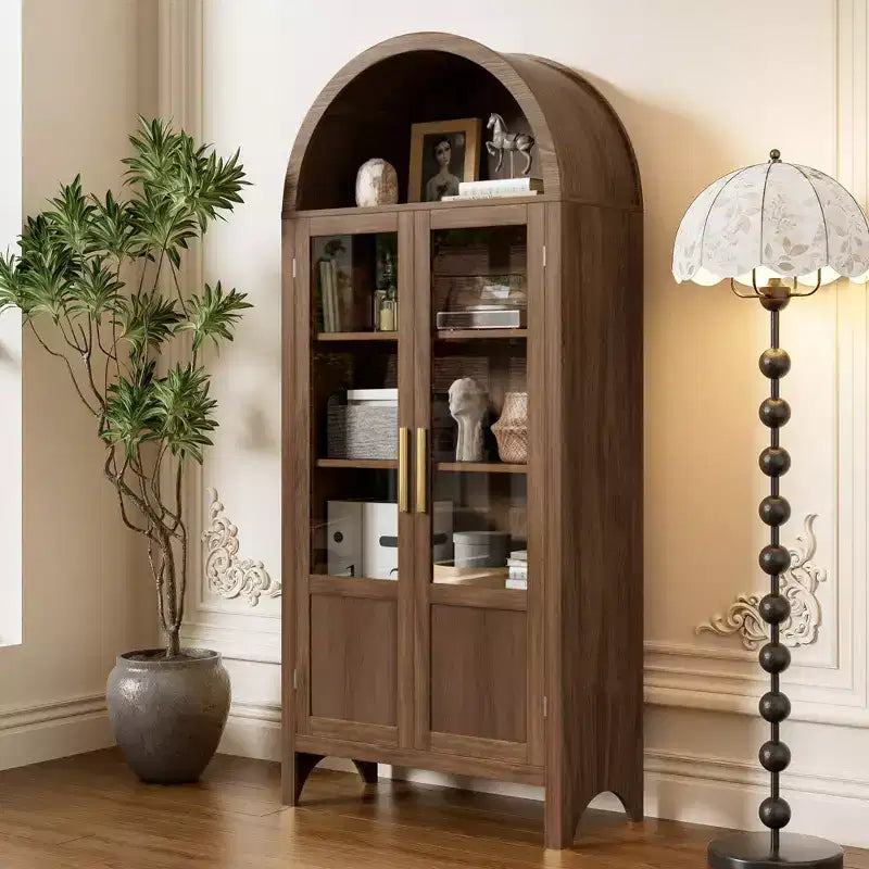 71 Tall Arched Storage Cabinet with 2 Acrylic Doors and Shelves for Living Room