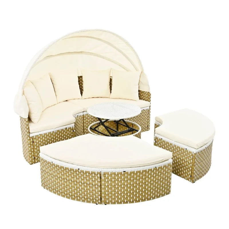 Rundes Outdoor-Tagesbett, Sonnenliege mit zweifarbigem Geflecht und ausziehbarem Sonnendach