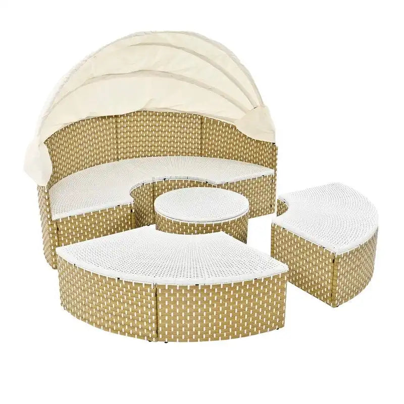 Rundes Outdoor-Tagesbett, Sonnenliege mit zweifarbigem Geflecht und ausziehbarem Sonnendach