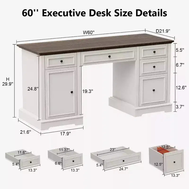60 Farmhouse Executive Desk for Home Office - Wooden Writing Desk with Drawers, Cabinet Storage, Rustic Home Office Desk for Work Study