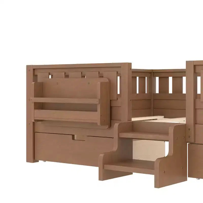 Lit pour enfant Bellemave format queen avec 14 barrières de sécurité, cadre de lit compact avec bibliothèque intégrée et 2 tiroirs de rangement sous le lit
