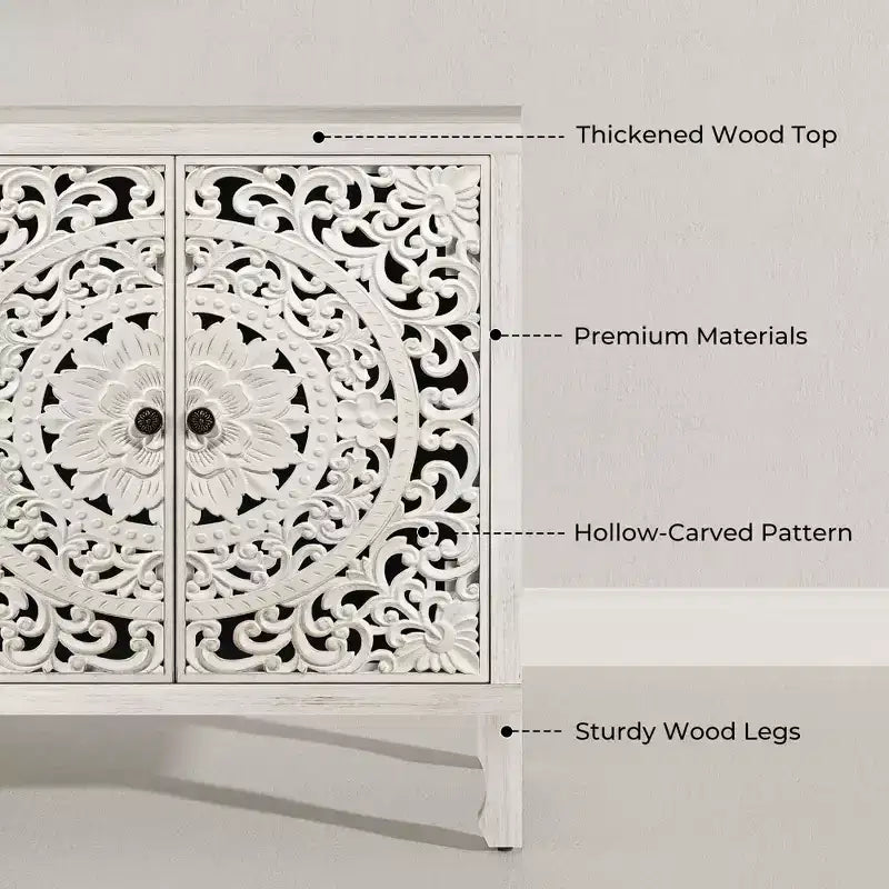 Credenza con contenitore, mobile contenitore dall'aspetto vissuto con 4 ante intagliate e ripiano regolabile, credenza decorativa in legno