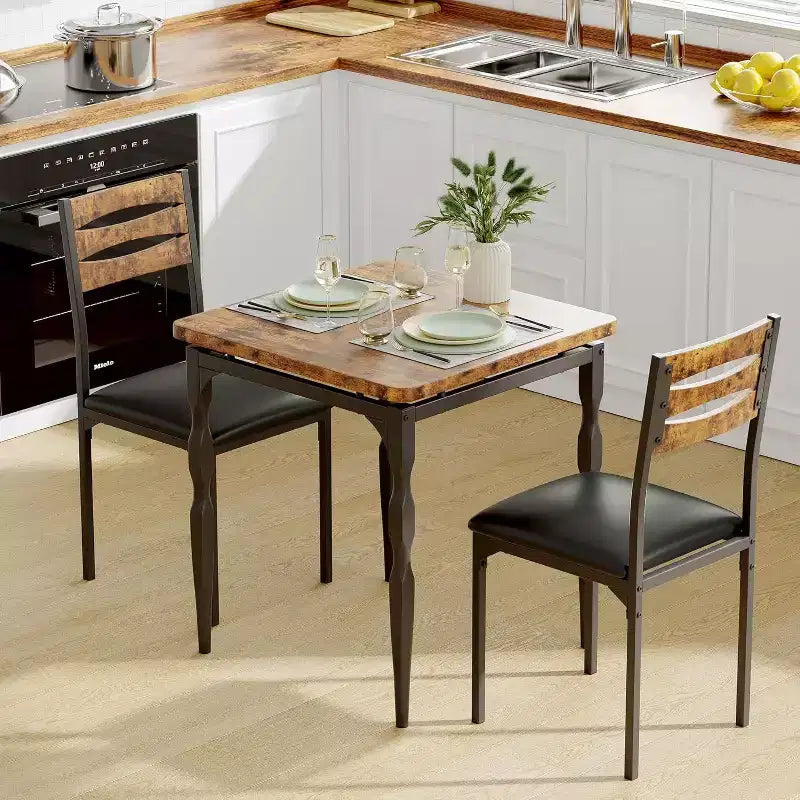 Eetset van 3 delen voor kleine ruimtes, tafel en 2 stoelen met spiraalpoten, compacte keukentafelset voor appartementen