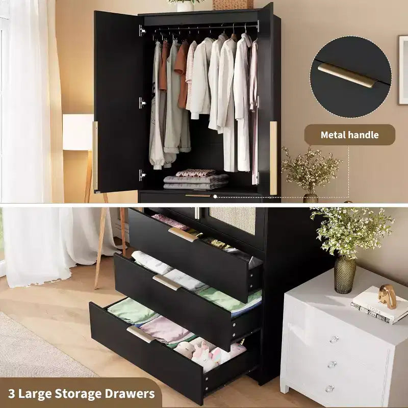 Armoire à 2 portes avec 3 tiroirs et tringle