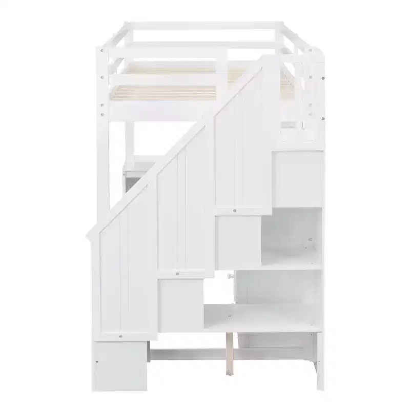 Lit mezzanine simple avec bureau en L, 3 tiroirs, armoire, rangement sous l’escalier, structure en pin massif/MDF