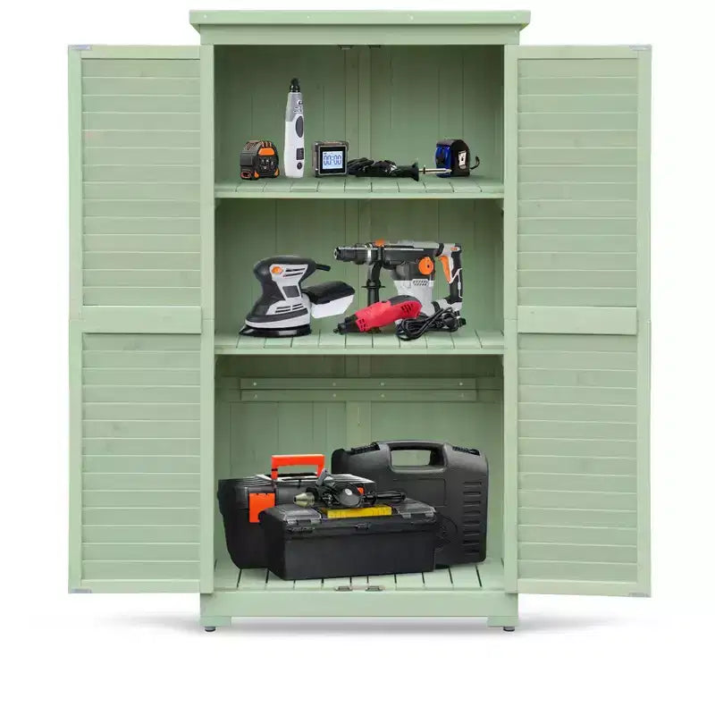 Abri de rangement extérieur étanche de 63 pouces, avec étagères amovibles, serrures, doubles portes à volets, grand abri en bois pour outils de jardin avec plancher pour terrasse et jardin
