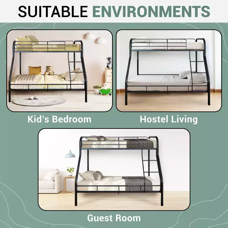 Lit superposé entièrement en métal, design sécurisé à faible hauteur avec barrières de sécurité, échelle inclinée et rangement sous le lit