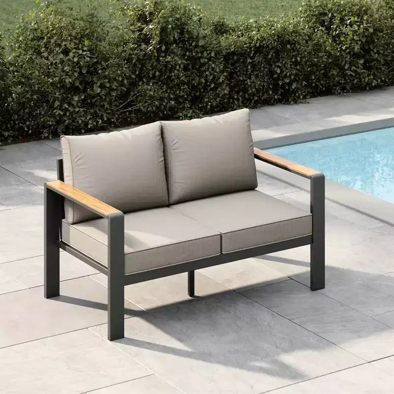 Set di mobili da patio in alluminio, divano componibile da esterno con 5 cuscini spessi, 4 braccioli e tavolino da caffè per giardino, terrazza e cortile