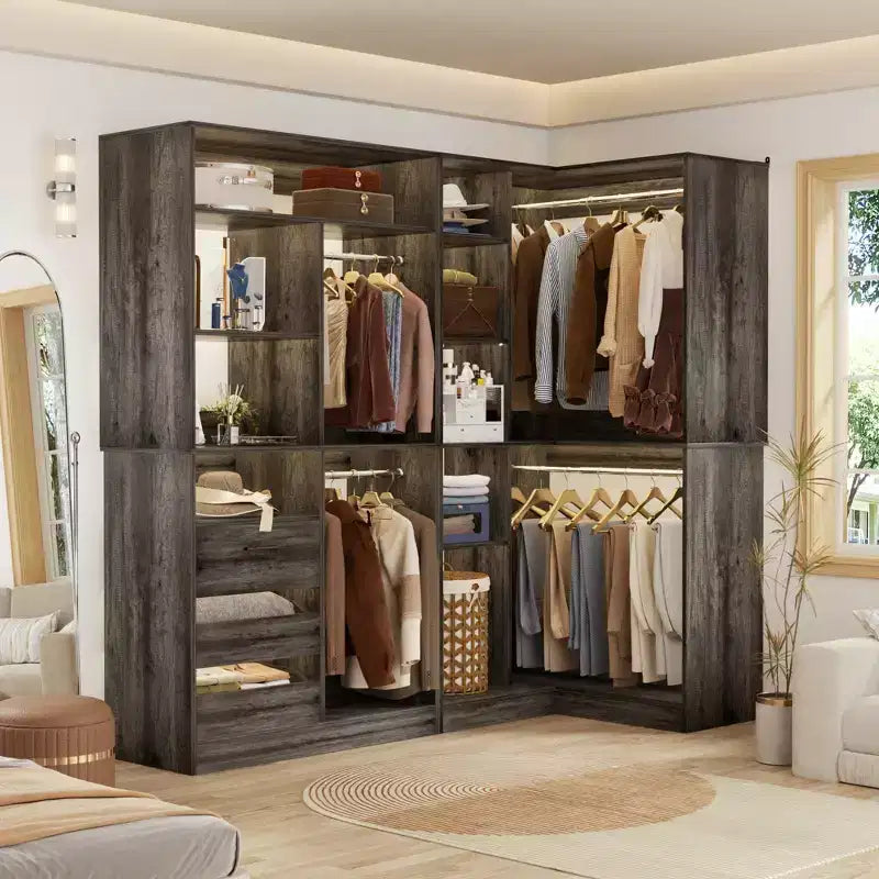 Besiost Set aus 2 Eck-Kleiderschranksystemen mit Regaltürmen, freistehender Kleiderschrank-Organizer mit Schubladen