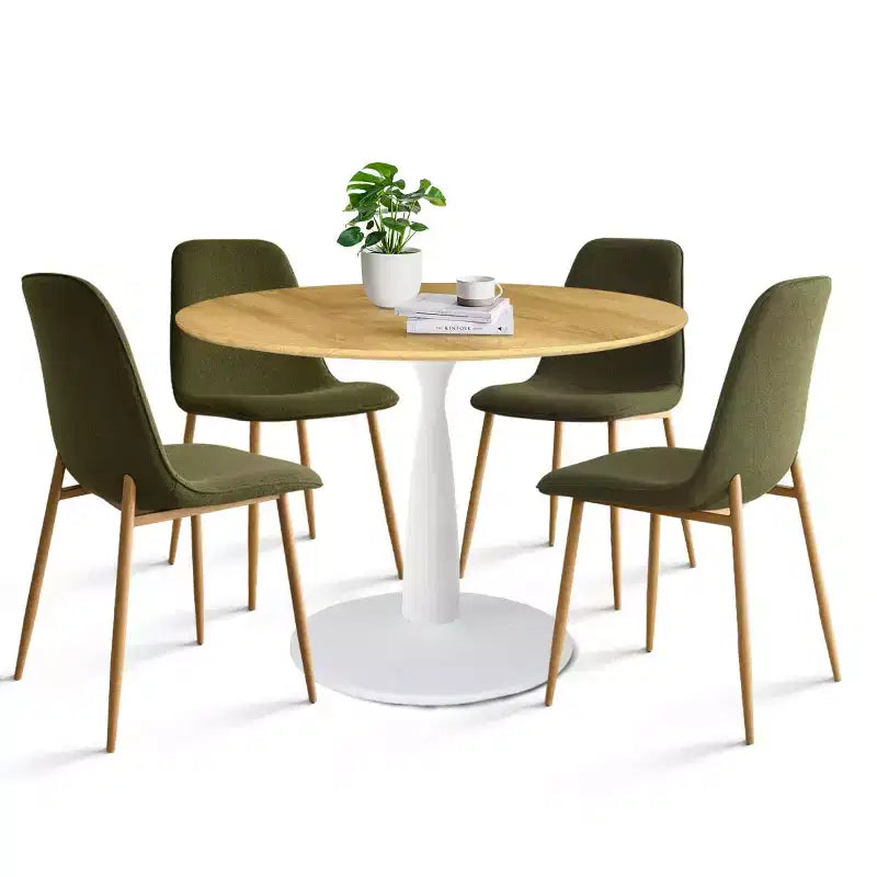Ensemble de salle à manger rond 5 pièces, table à piètement central de 37 avec plateau effet bois et chaises courbes rembourrées, style moderne-Panipeachy