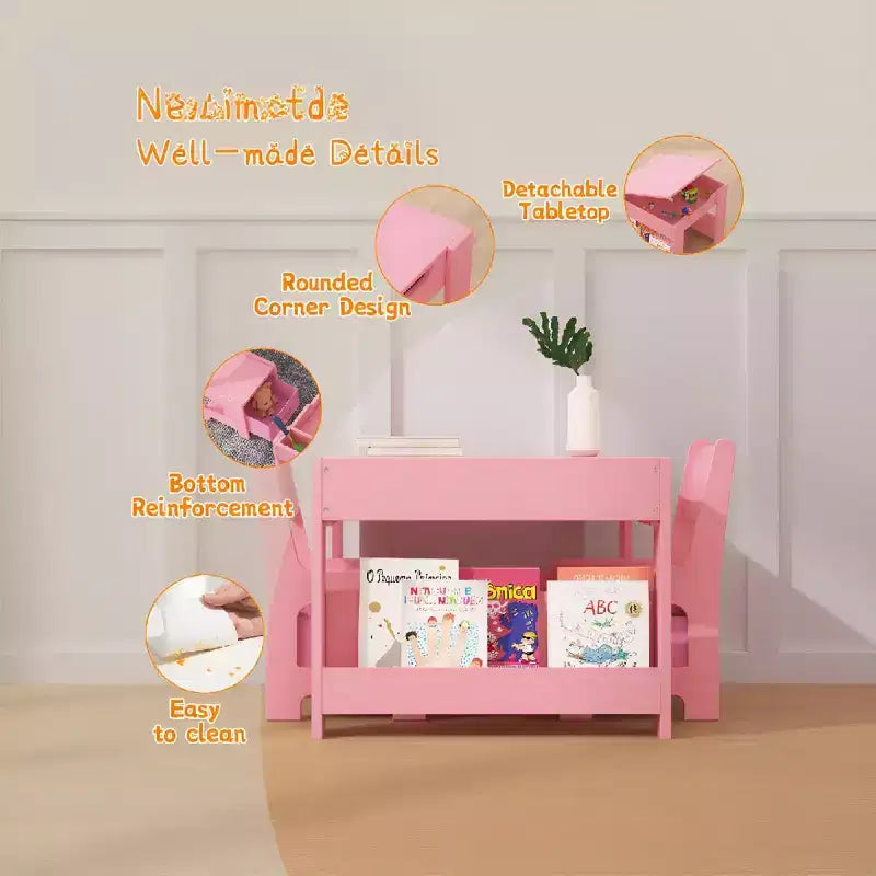 Activiteitentafelset 4-in-1 met afneembaar tafelblad, tafelset met laden en boekenkast, multifunctioneel peutermeubilair om te tekenen en lezen