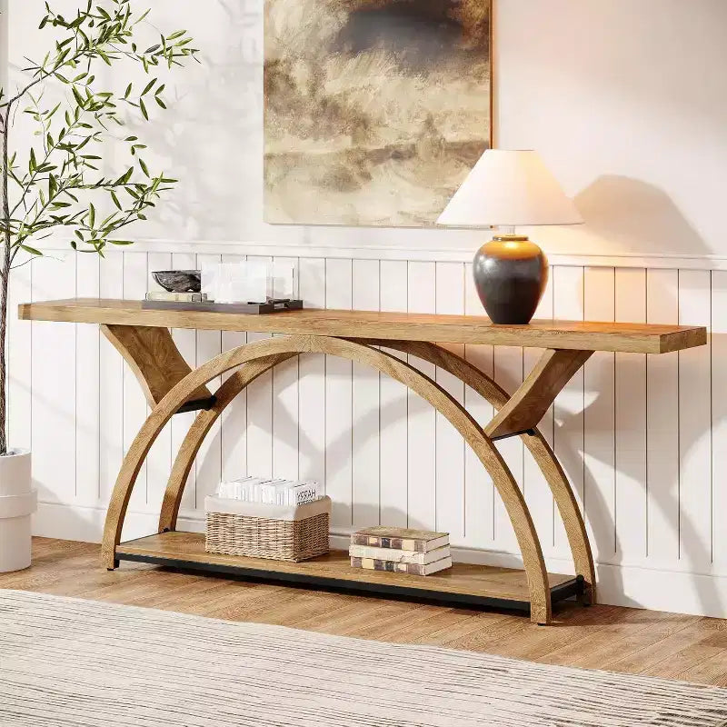 Industriële consoletafel van 70.87 voor achter de bank met opbergplanken op 2 niveaus, lichtbruin