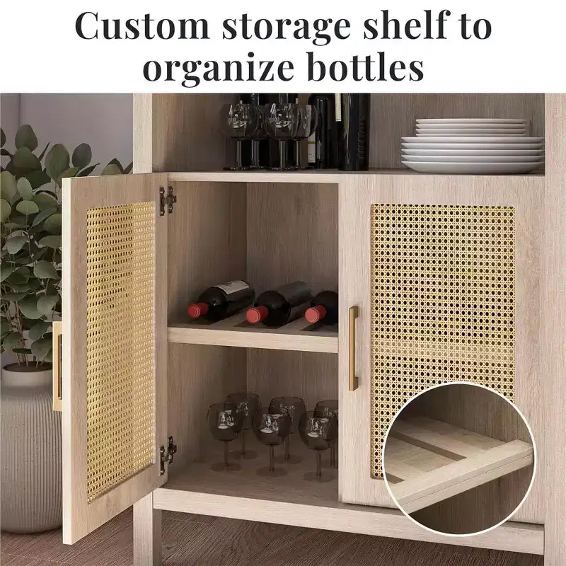 Vitrine bohème à portes cintrées avec 2 portes en faux rotin, 5 étagères réglables pour salon ou cuisine, beige