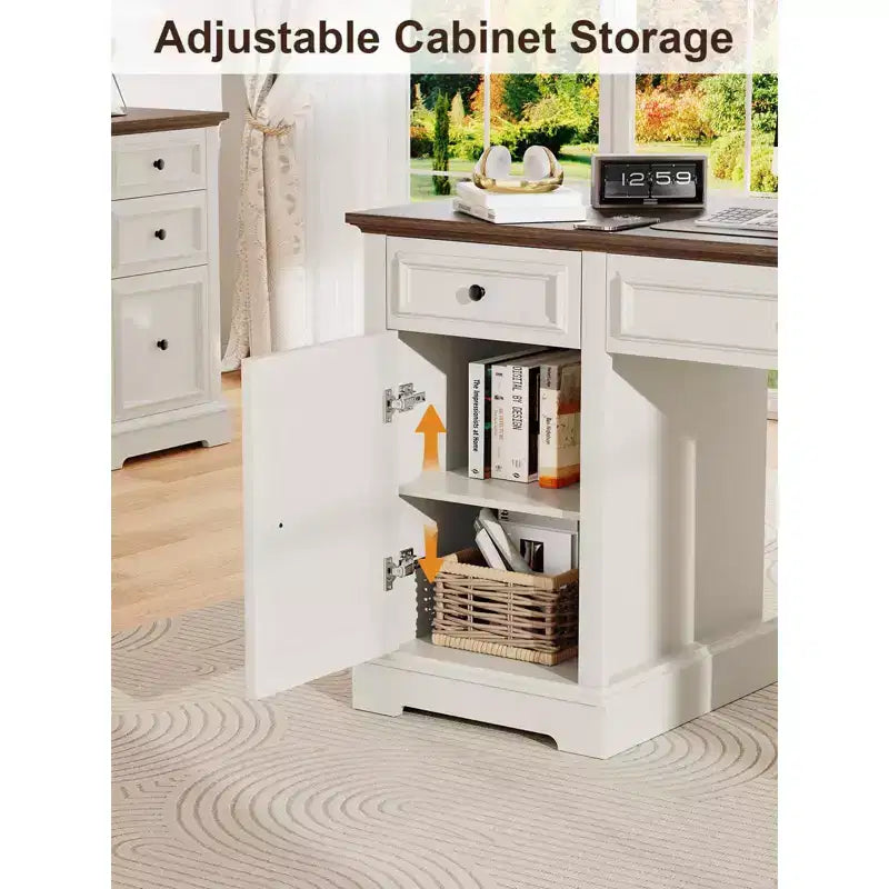 Dyonery 60-Zoll-Schreibtisch im Landhausstil mit Schubladen und Aktenschrank, Schreibtisch aus Holz mit geprägter Struktur fürs Homeoffice, Schwarz/Braun/Weiß und Braun