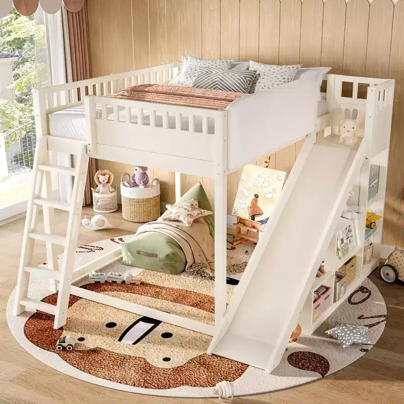 Bellemave-Hochbett mit gepolstertem Kopfteil und Ablageregalen, Hochbettgestell aus Massivholz mit Leiter und Rutsche für Kinder