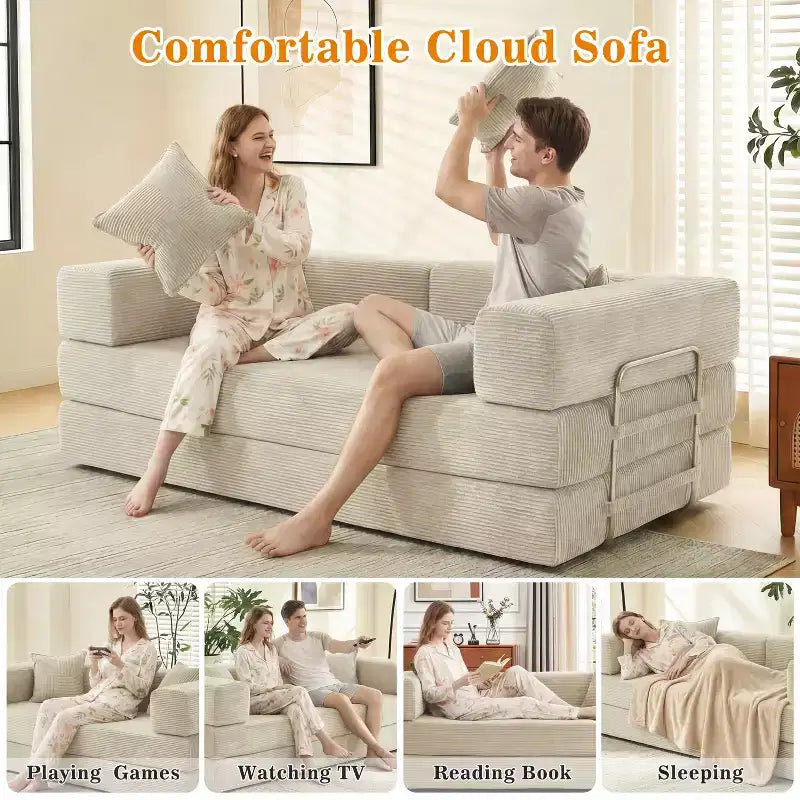 Dyonery 78 Klappsofabett, umwandelbares Cordsofa, Kingsize-Bodenschlafsofa, 4-in-1-DIY-Kombination, modulares Schlafsofa zum Ausklappen, bequemes Sofa.