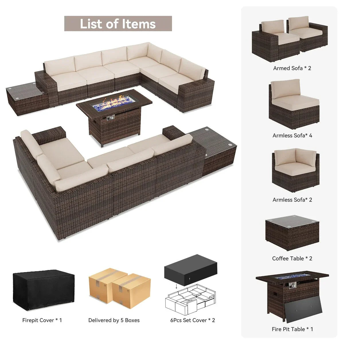 Set di mobili da patio da 13 pezzi con tavolo focolare 44