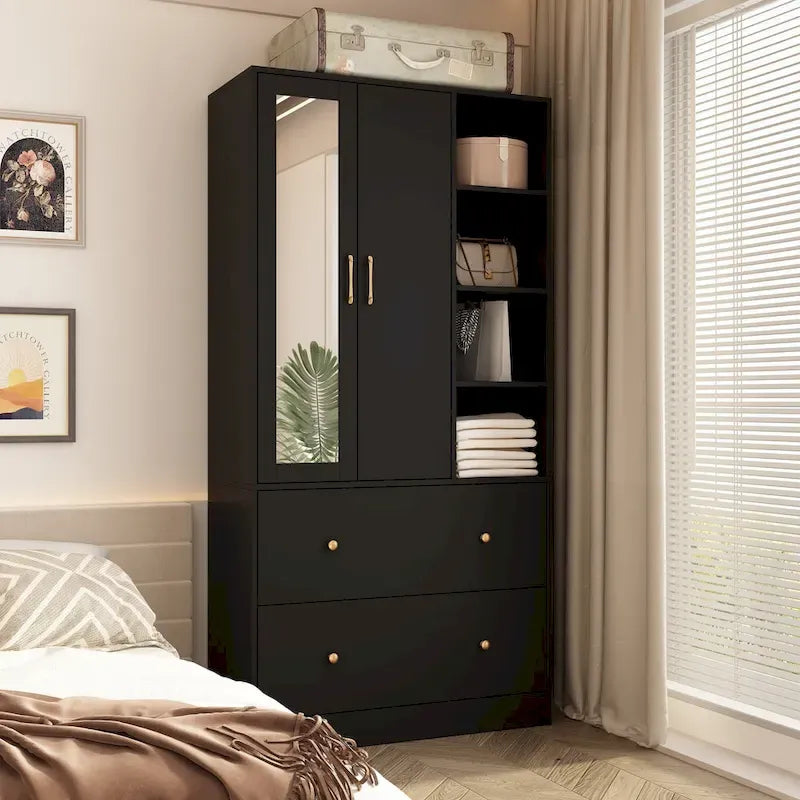 Kleiderschrank mit Spiegel und verstellbarem Kleiderstangenbereich, platzsparend