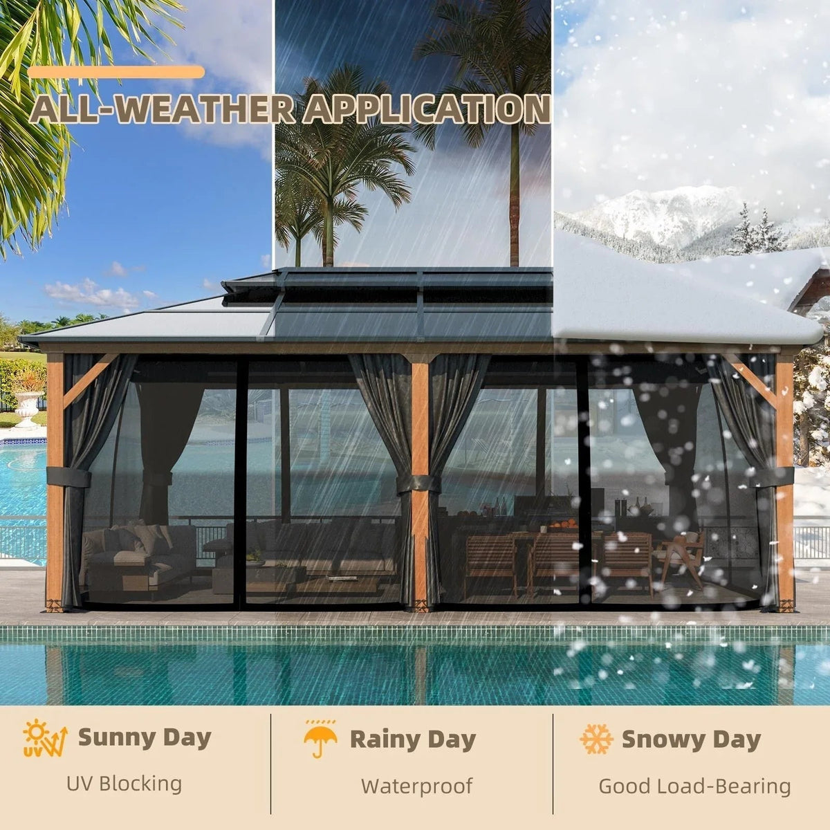 EROMMY hardtop-paviljoen, pergola voor buiten met dubbel dak, netten en gordijnen, extra stevig zonnescherm voor terras, achtertuin en zwembadfeest