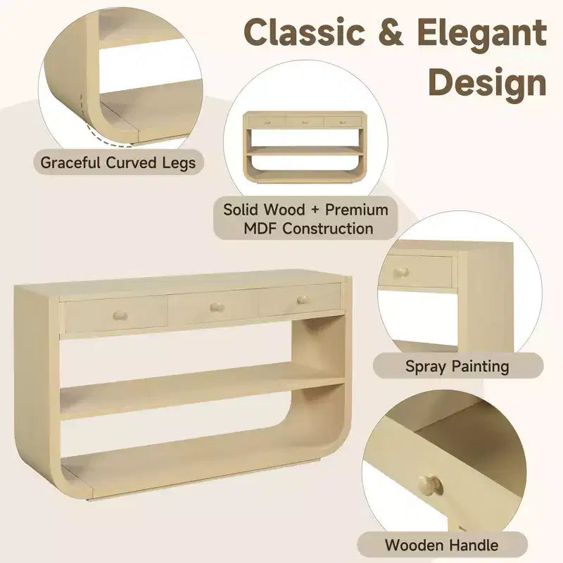 ModernLuxe gebogen sidetable, haltafel, bijzettafel naast de bank, displaystandaard en accenttafel met 3 softclose-lades en 2 open vakken