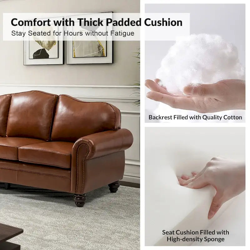 Balvino Sofa mit 81 cm Breite, im Übergangsstil, aus echtem Leder, mit gerollten Armlehnen, Nagelkopfbesatz und abnehmbaren Kissen