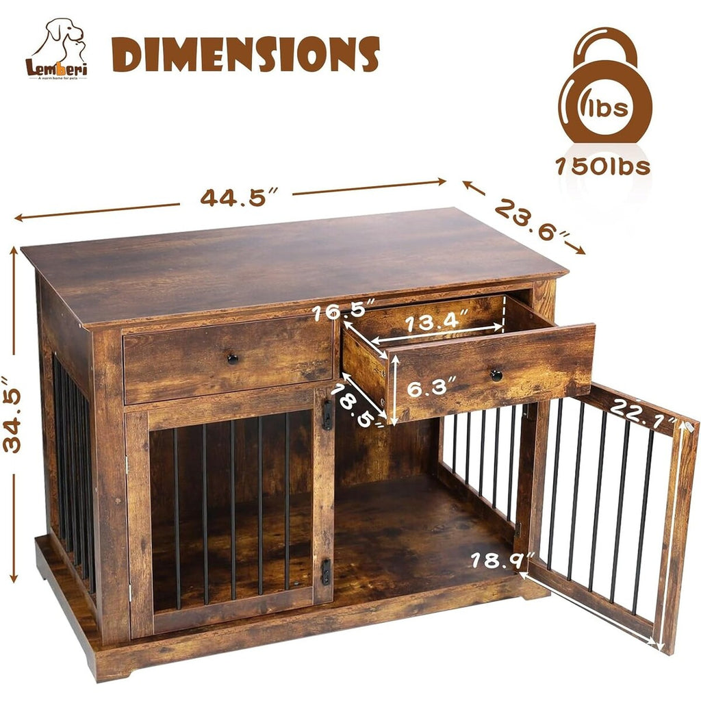 Cuccia per cani BOSSIN da 44 pollici, mobile in legno con tavolino laterale e cassetti contenitori, cuccia decorativa per animali domestici