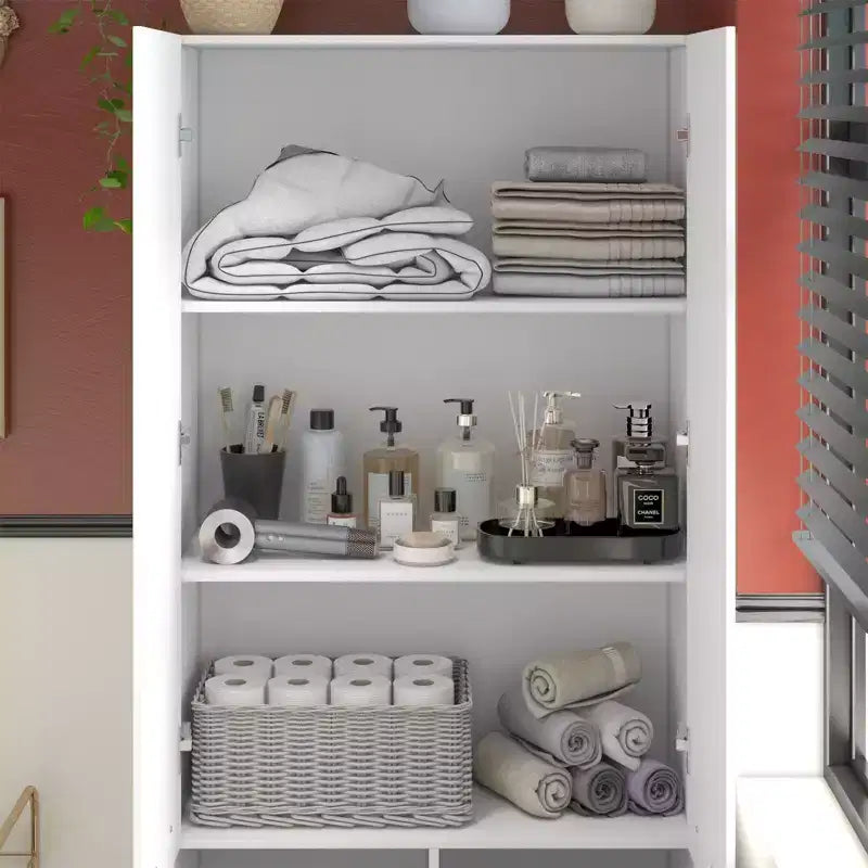 Mobiletto moderno bianco Famapy per il bagno con cesto portabiancheria al livello inferiore