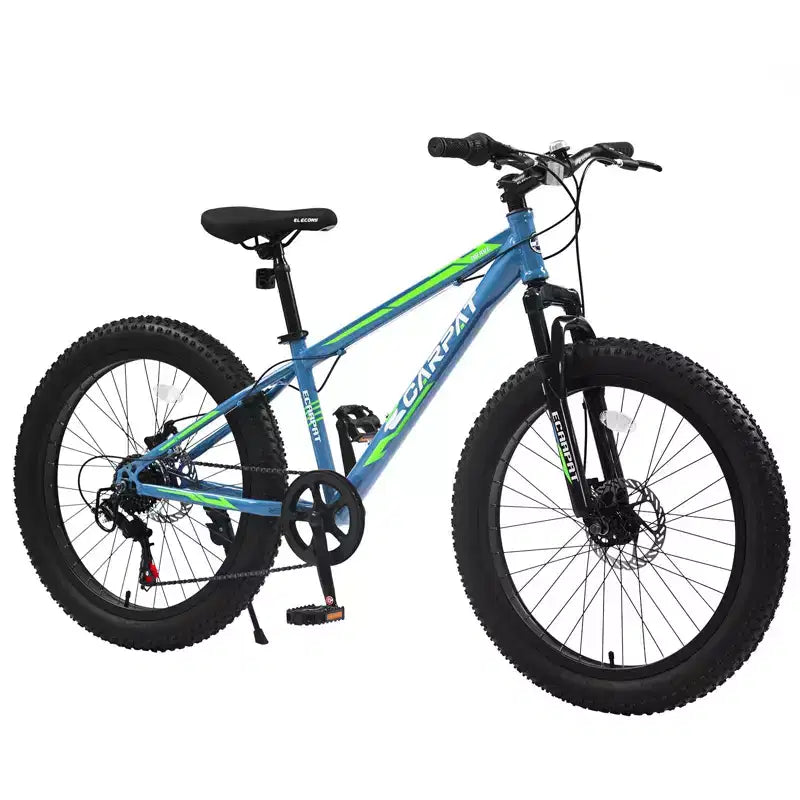 Bicicletta Okak da 24IN con pneumatici larghi e sospensione anteriore, mountain bike a 7 velocità con freno a disco e telaio in acciaio ad alto tenore di carbonio, bici da trail per gli spostamenti