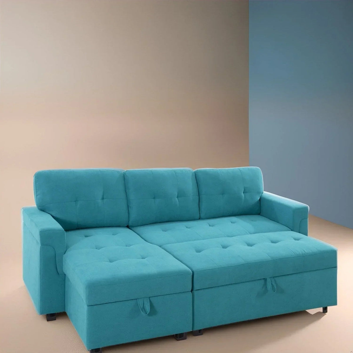 Umbaubares, beidseitig montierbares Ecksofa mit ausziehbarem Schlafbett, verstecktem Stauraum in der Recamiere und robusten Beinen